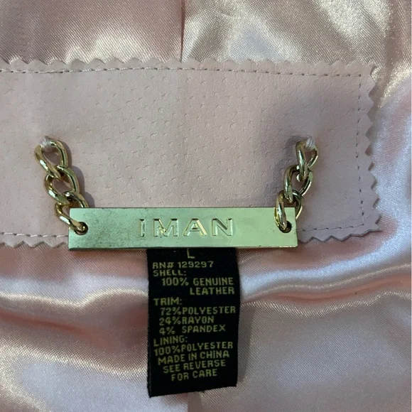 IMAN Pink 100% Genuine Leather Moto Zip Jacket Woman Size Large Large Collar - Picture 5 of 9